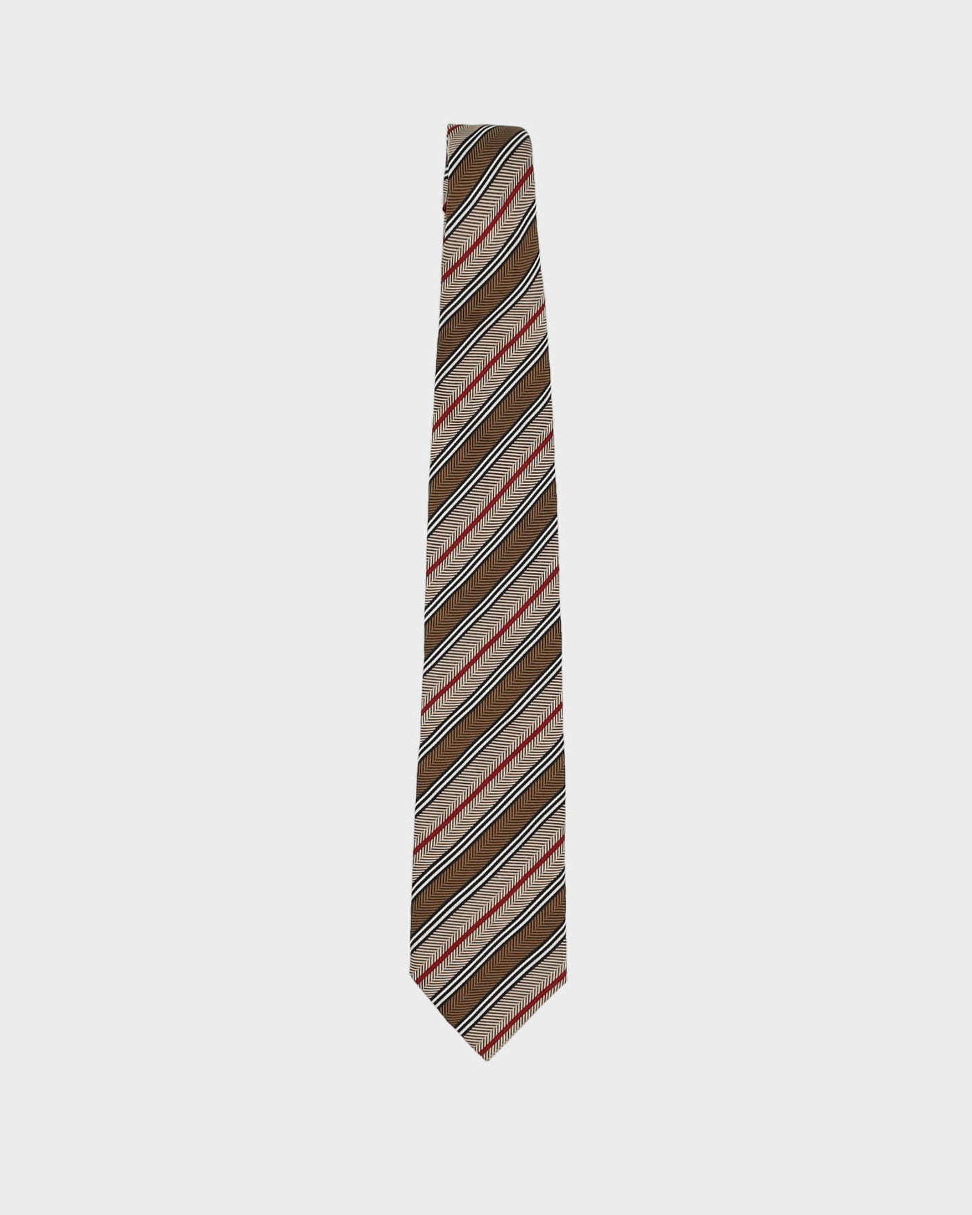 Vintage 90s Burberry Dark Beige Stripe Patterned Tie