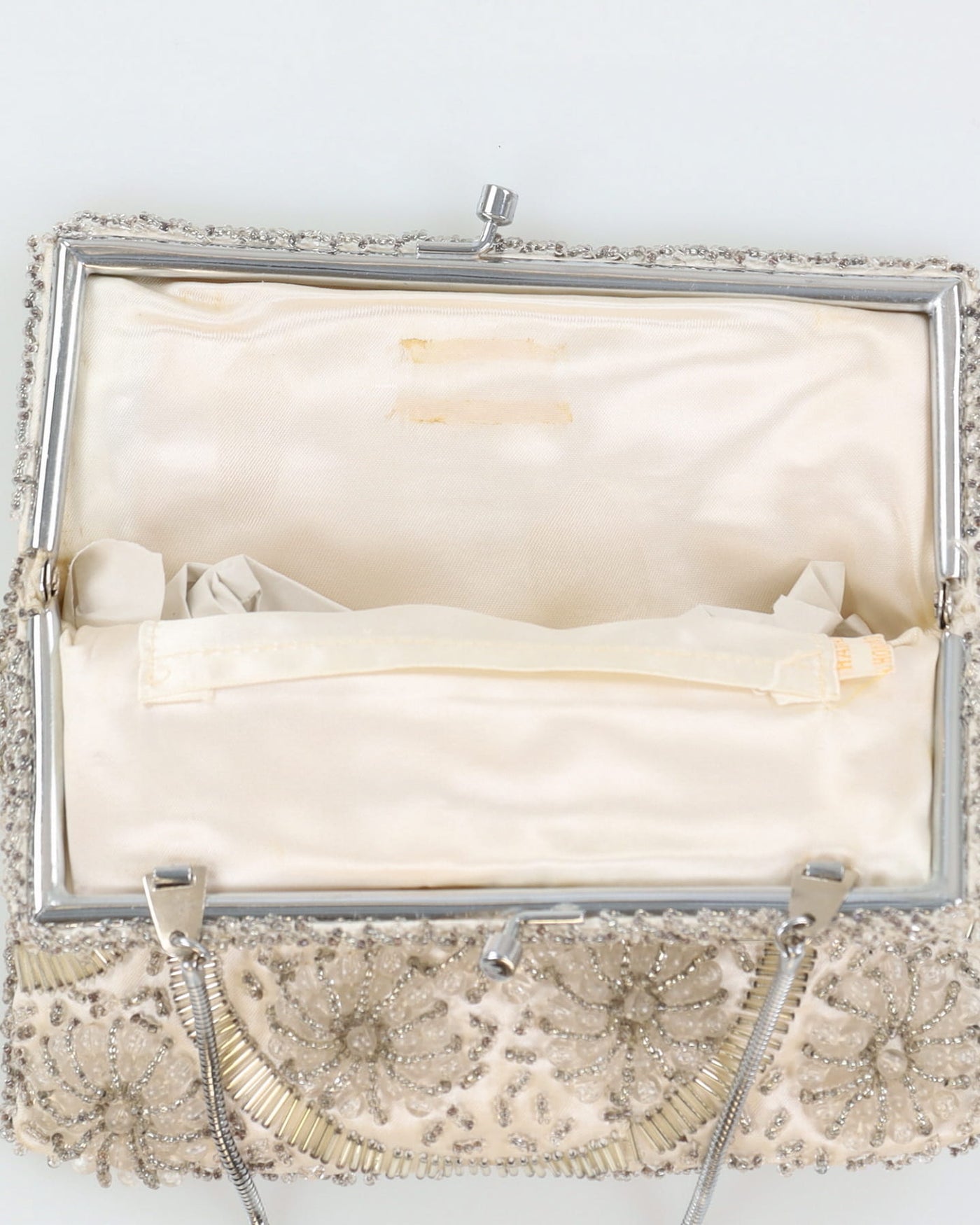 Vintage 1960s Cream Satin With Silver Beads Purse - One Size