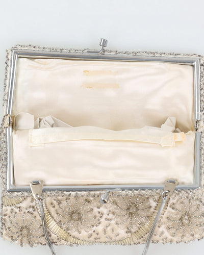 Vintage 1960s Cream Satin With Silver Beads Purse - One Size