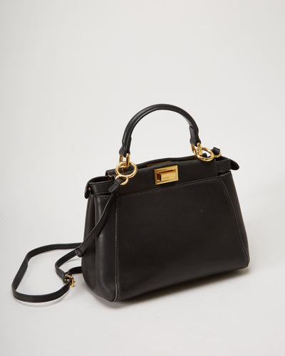 Fendi Black Leather With Gold Logo Handbag - One Size