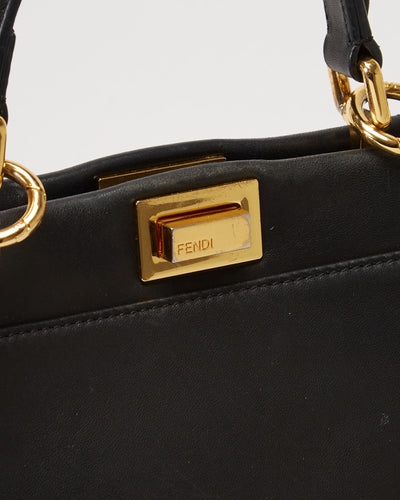 Fendi Black Leather With Gold Logo Handbag - One Size
