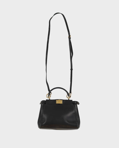 Fendi Black Leather With Gold Logo Handbag - One Size