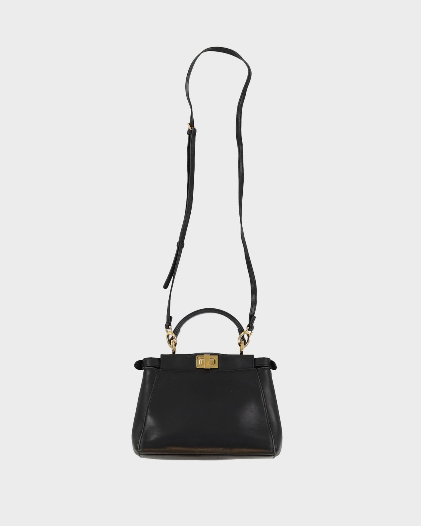 Fendi Black Leather With Gold Logo Handbag - One Size