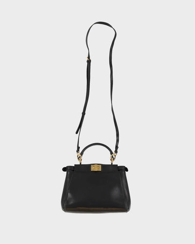 Fendi Black Leather With Gold Logo Handbag - One Size