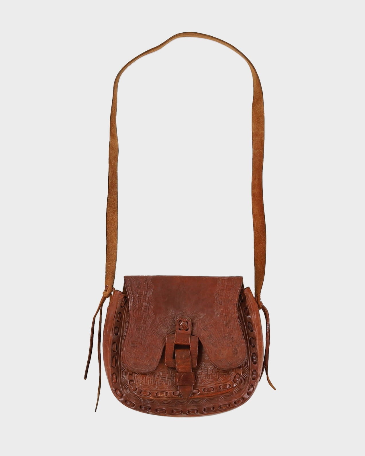 1970s Brown Tooled Leather Shoulder Bag - One Size