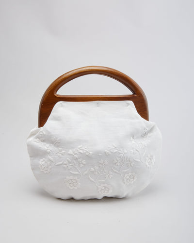 Vintage Embroidered White With Wood Handles Handbag - One Size