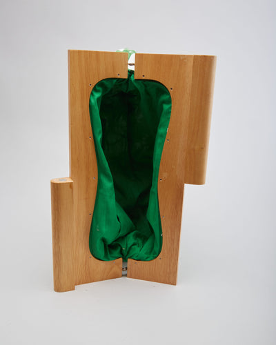 Vintage Green Patterned With Wood Handles Handbag - One Size