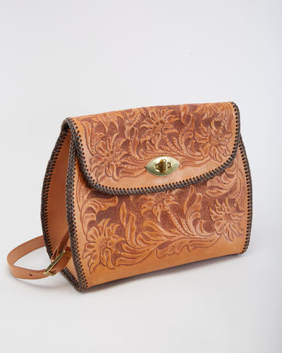 Vintage 1970s Tooled Leather Shoulder Bag - One Size