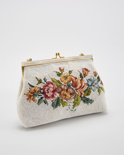 Vintage 1960s White Beaded Embroidered Handbag