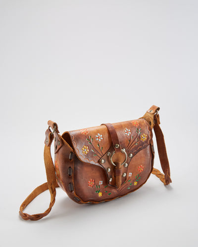 Vintage 1970s Brown Tooled Leather Shoulder Bag