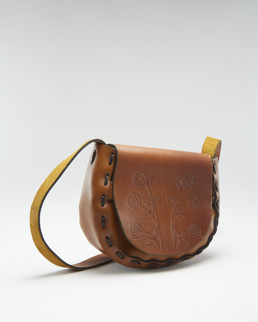 Vintage Brown Leather Floral Handbag - O/S