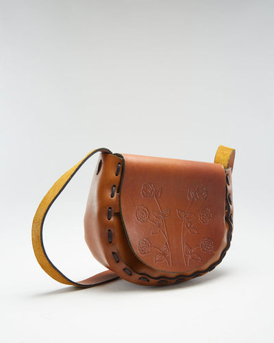 Vintage Brown Leather Floral Handbag - O/S