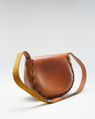 Vintage Brown Leather Floral Handbag - O/S