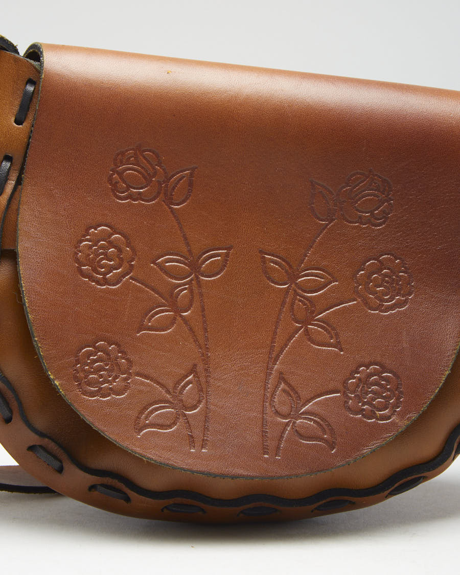 Vintage Brown Leather Floral Handbag - O/S