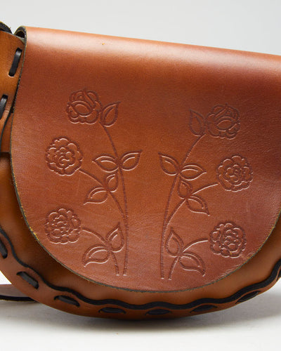 Vintage Brown Leather Floral Handbag - O/S