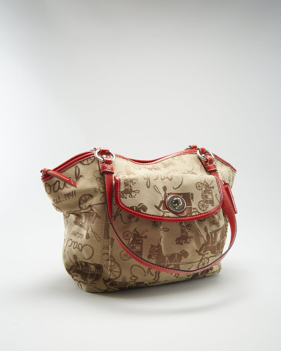 Y2K 00s Coach Beige & Red Printed Bag - O/S