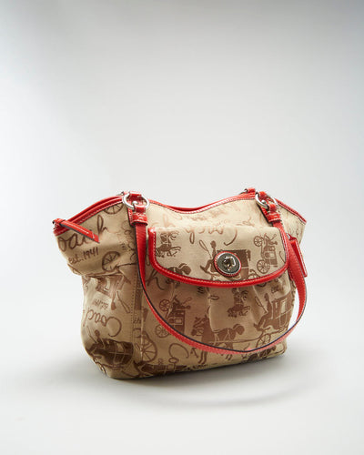 Y2K 00s Coach Beige & Red Printed Bag - O/S