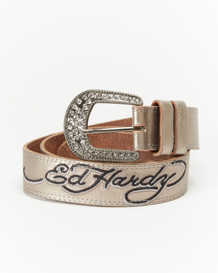 Ed Hardy Silver Patterned Leather Belt - W33 W39