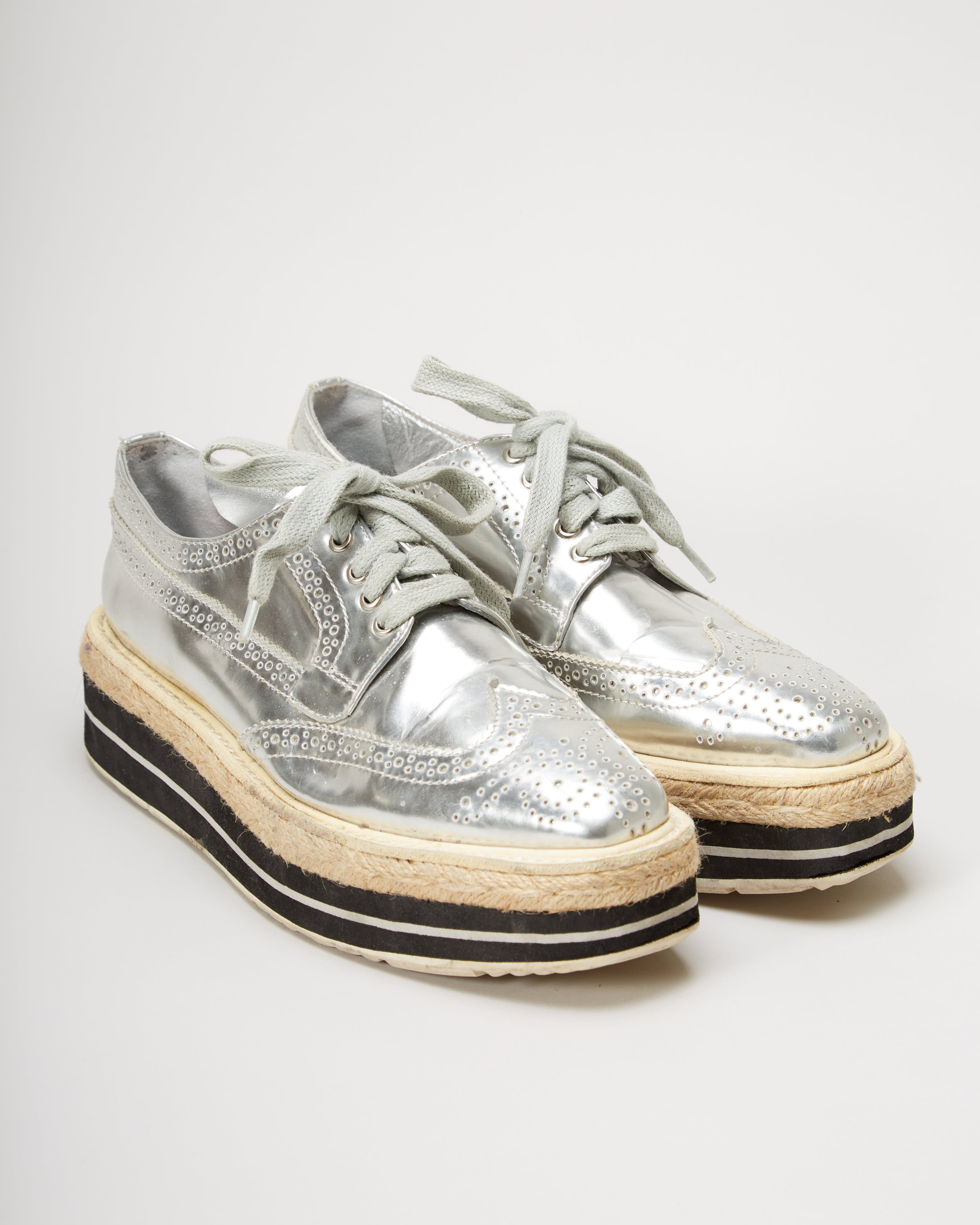 Prada Silver Brogue Wingtip Platform Derby Shoes - UK 3