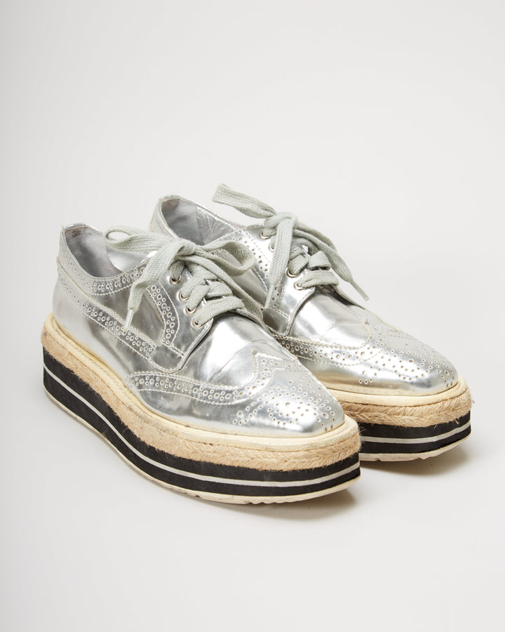 Prada Silver Brogue Wingtip Platform Derby Shoes - UK 3