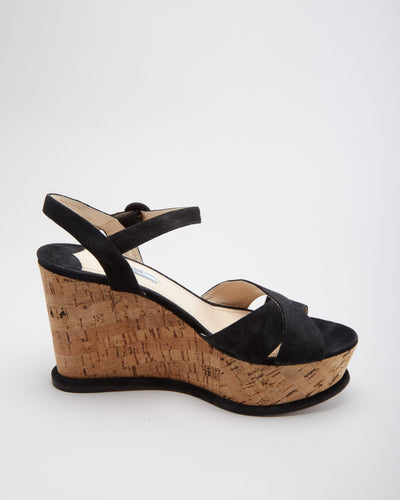 Prada Black Suede With Cork Platform Sole Sandals - UK 8