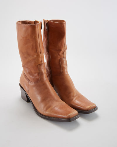 Vintage Square Toe Leather Brown Boots - Womens UK 8