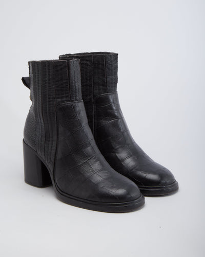 Buttero Black Lather Croc Style Leather Heel Boots - UK 5