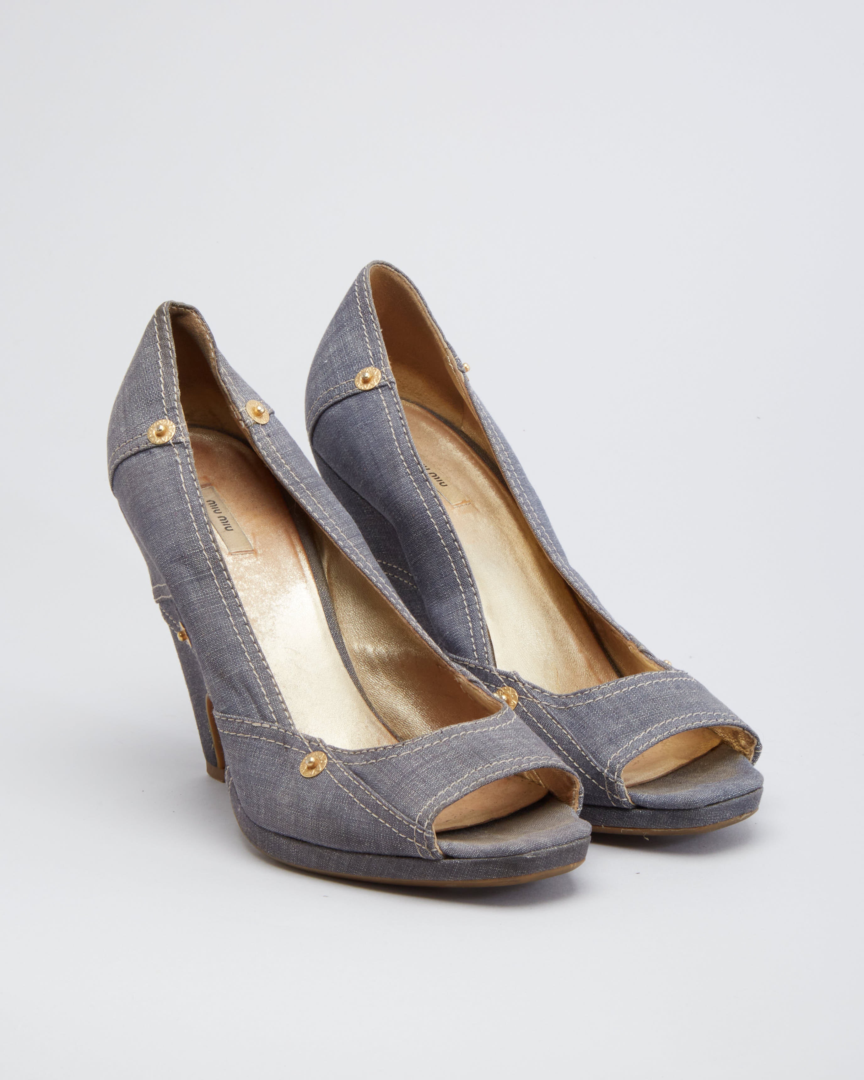 Miu Miu Peep Toe Denim Wedge Heels  - UK 5