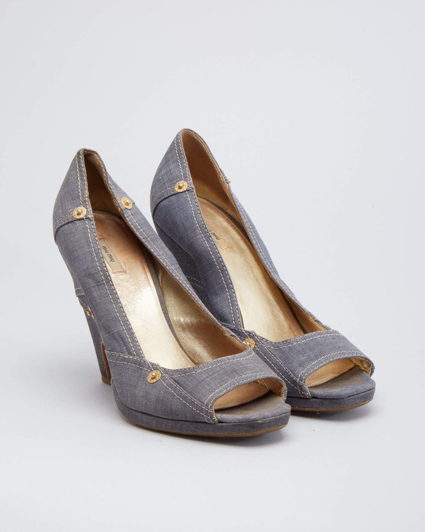 Miu Miu Peep Toe Denim Wedge Heels  - UK 5