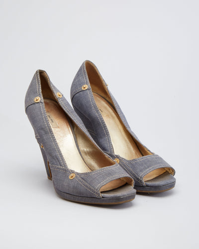 Miu Miu Peep Toe Denim Wedge Heels  - UK 5