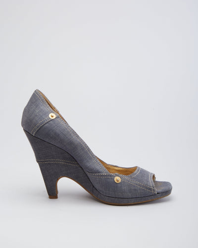 Miu Miu Peep Toe Denim Wedge Heels  - UK 5