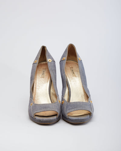 Miu Miu Peep Toe Denim Wedge Heels  - UK 5