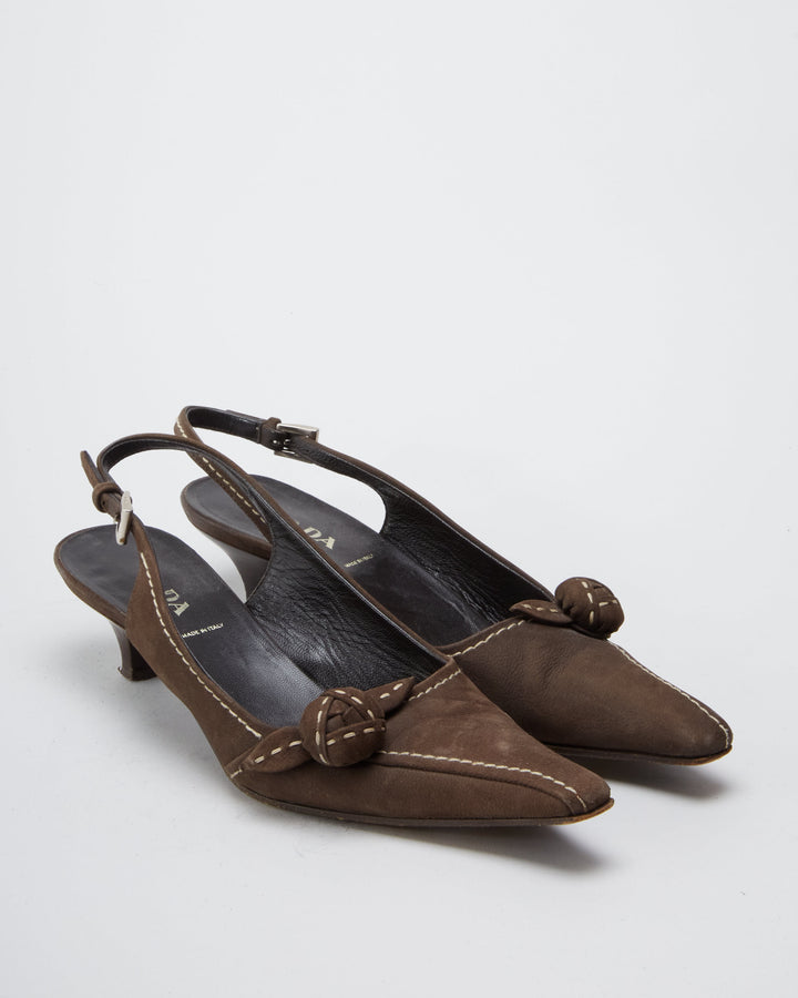 Vintage Prada Brown Suede Pointed Toe Slingback Kitten Heels UK
