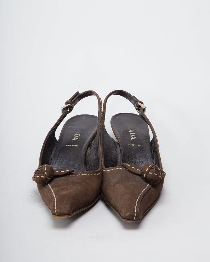 Vintage Prada Brown Suede Pointed Toe Slingback Kitten Heels  - UK 4