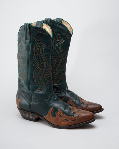 Vintage Boulet Green / Brown Detailed Western Cowboy Boots - UK 5.5