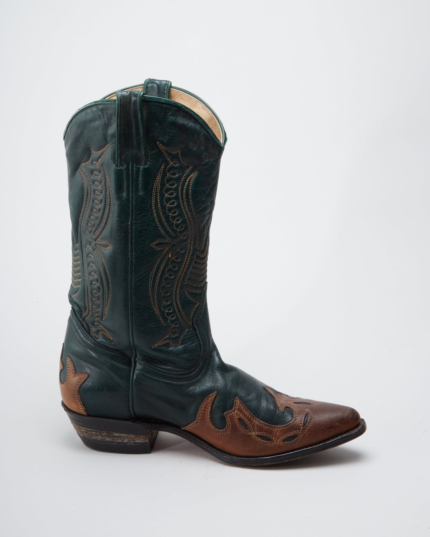 Vintage Boulet Green / Brown Detailed Western Cowboy Boots - UK 5.5