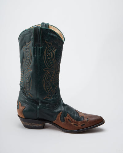 Vintage Boulet Green / Brown Detailed Western Cowboy Boots - UK 5.5