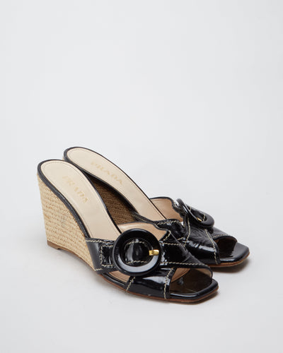 Prada Black Straw Wedges Shoes - UK 6