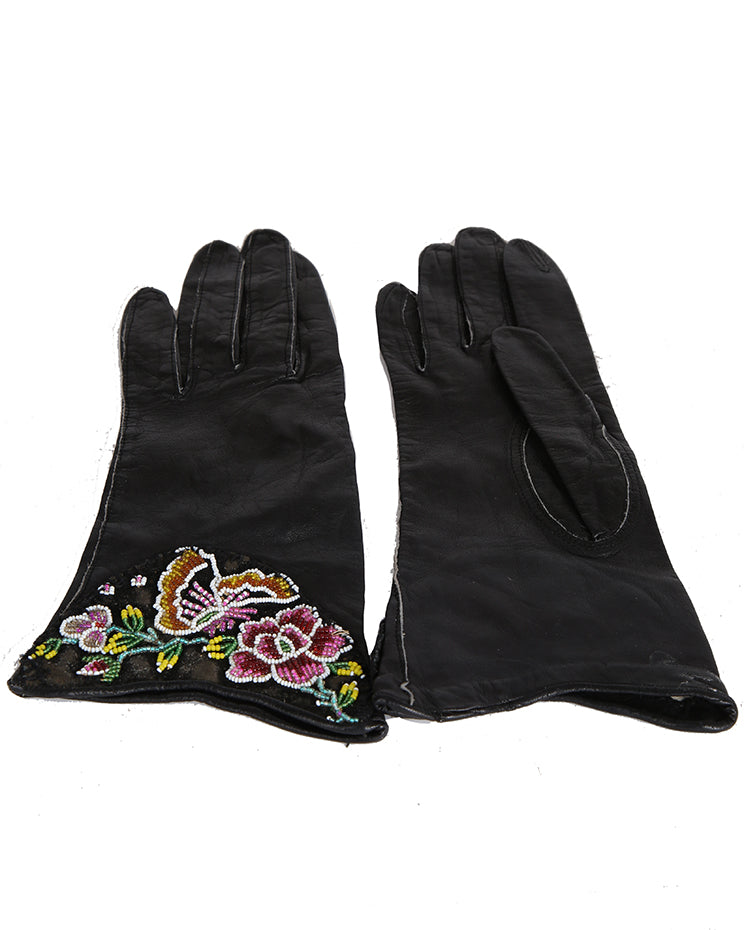 Antique Kid Leather Native American Beadwork Gloves - XXS