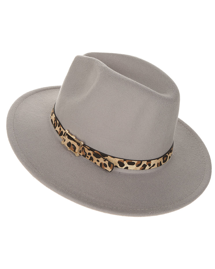 Grey Wide Brim Hat With Leopard Detail