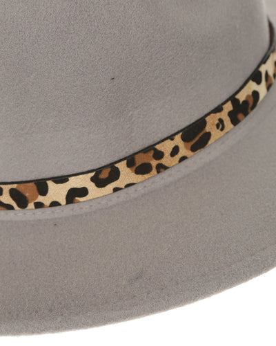 Grey Wide Brim Hat With Leopard Detail