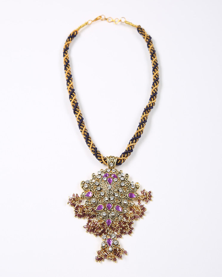 Gold Tone And Lilac Glass Ethic Style Necklace