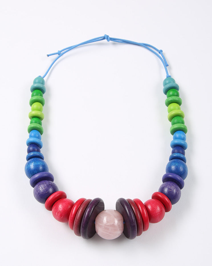 Multi Coloured Wooden And Rose Quartz Statement Necklace