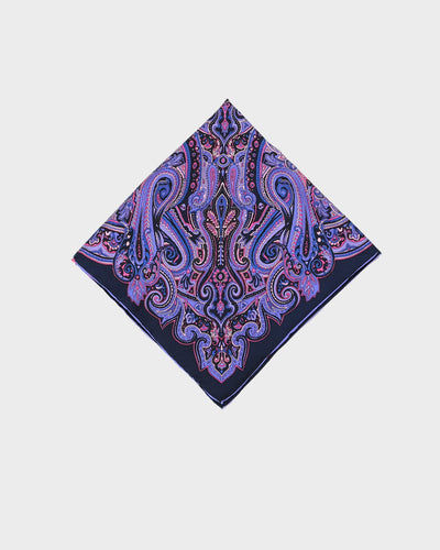 Blue Paisley Patterned Silk Square Scarf - One Size