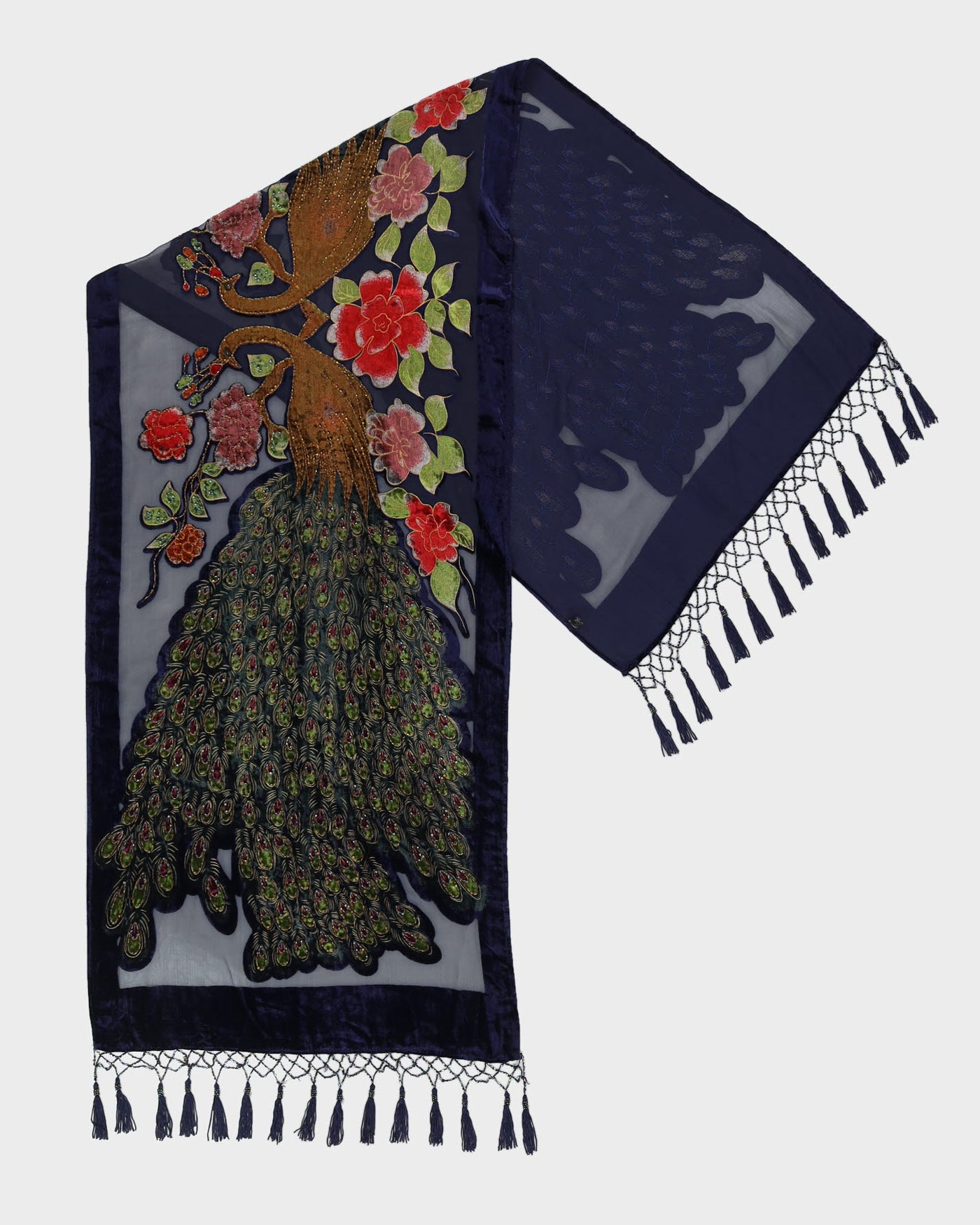 Blue Peacock Embroidered Velvet Scarf