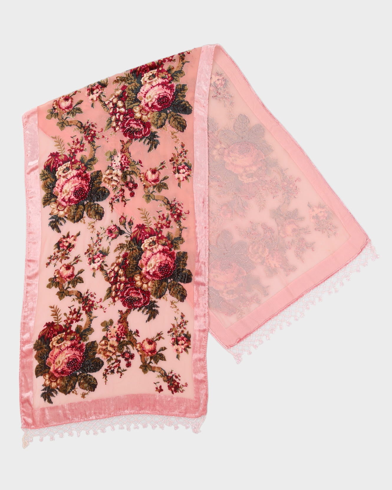 Pink Beaded Embroidered Velvet Scarf