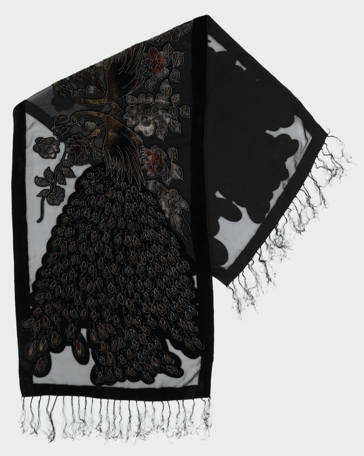 Black With Peacock Pattern Velvet Devore Scarf