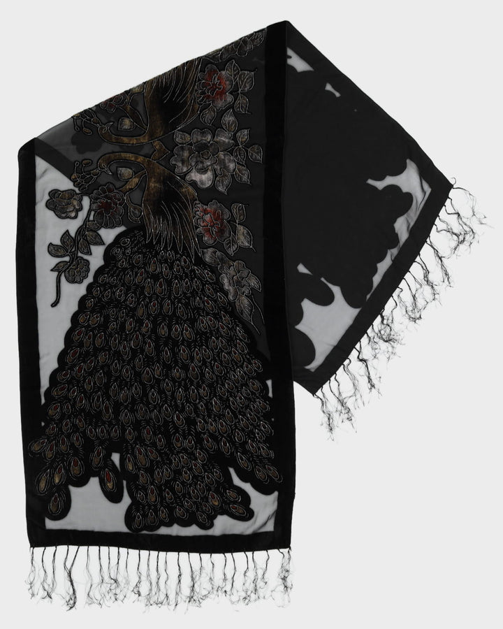 Black With Peacock Pattern Velvet Devore Scarf