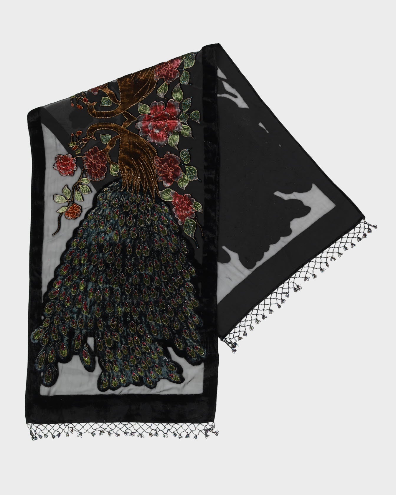 Black Silk Velvet Devore Peacock Beaded Scarf