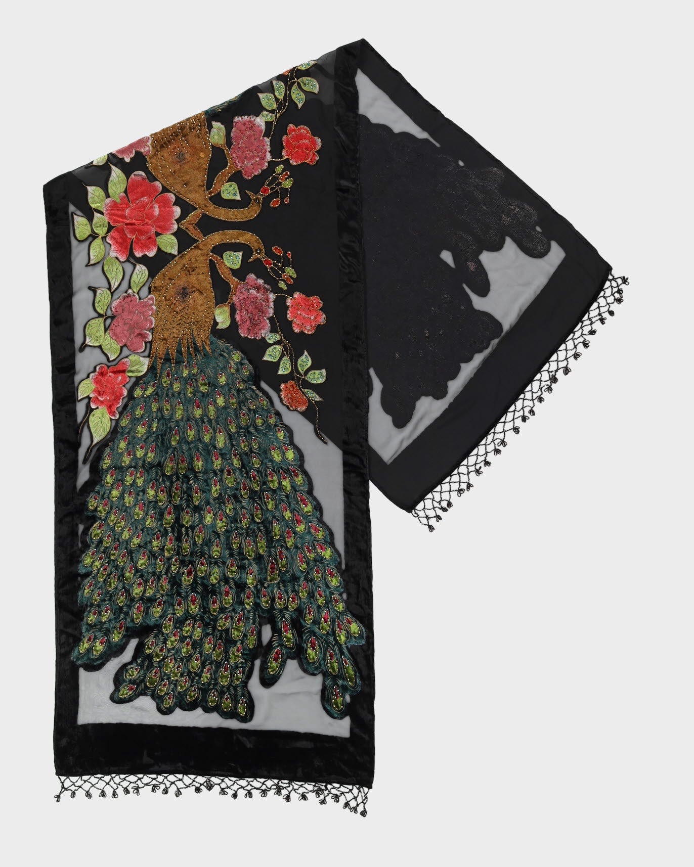 Black Silk Velvet Devore Peacock Beaded Scarf